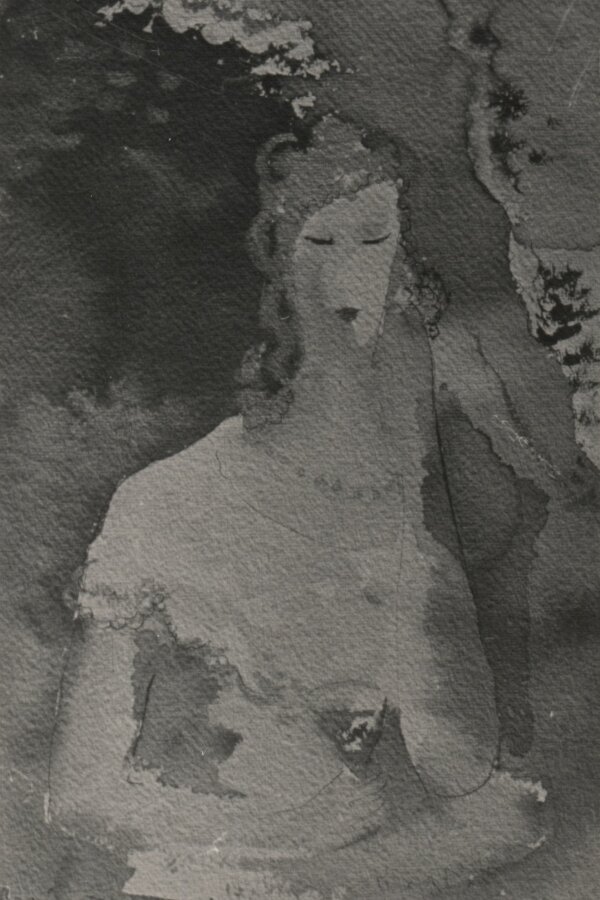 František Kaláb, Dívka u kovového stolku, akvarel, 38,5 x 25,8 cm